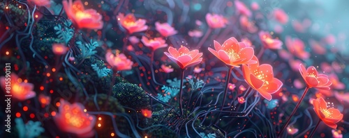 A cybernetic garden where mechanical plants and digital flowers bloom in a riot of color, their petals glowing with internal circuitry.   illustration. photo