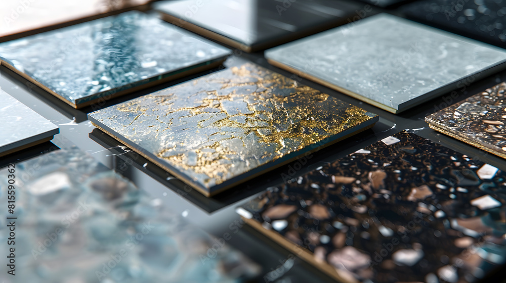 interior material samples contains panels and tiles interior moodboard including terrazzo quartz stone tiles blue laminated wooden flooring tiles gold stainless placed on black marble : Generative AI interior material samples contains panels and tiles interior moodboard including terrazzo quartz stone tiles blue laminated wooden flooring tiles gold stainless placed on black marble : Generative AI