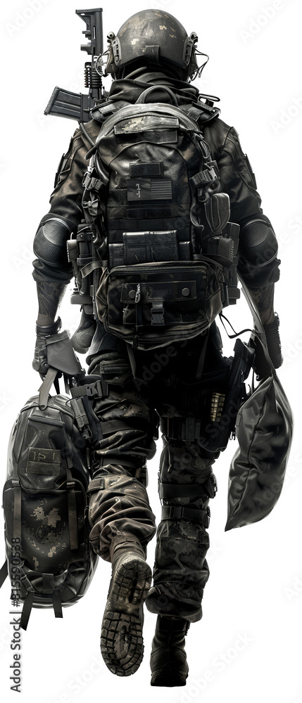Fototapeta premium A special forces operator carrying leather luggage, ready for a covert mission, transparent background