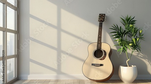 Acoustic guitar in the living room. Music concept. Vintage style