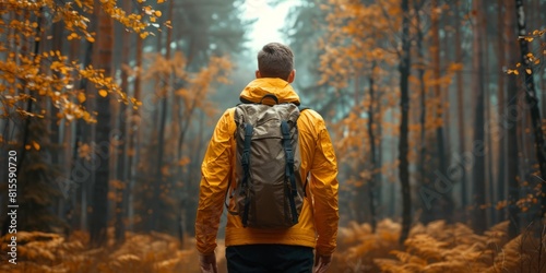 Travel and road trip concept at autumn. Adventure and active lifestyle in nature. Tourist hiking in forest. Caucasian man in yellow jacket walks in woods. illustration © Coosh448