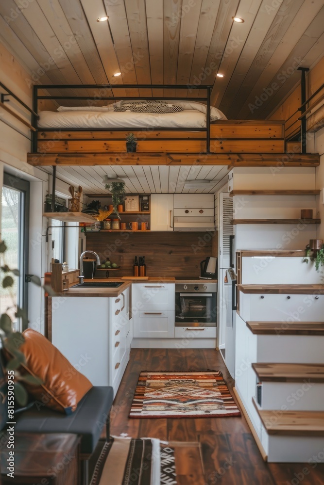 interior of modern wooden house, kitchen and dining room in attic