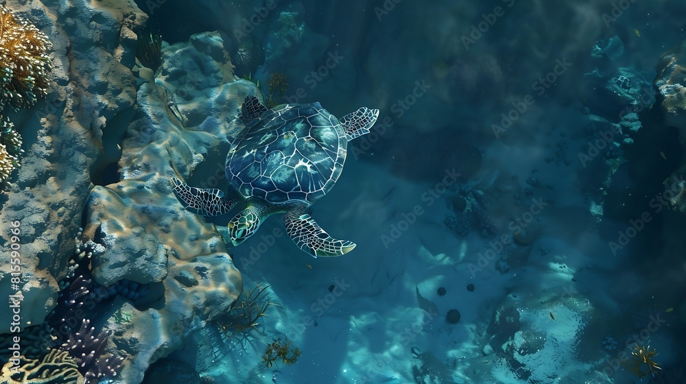 Fototapeta premium Sea Coral Turtle Underwater World Top view for 3d floors water nature fish sea coral egypt red sea : Generative AI
