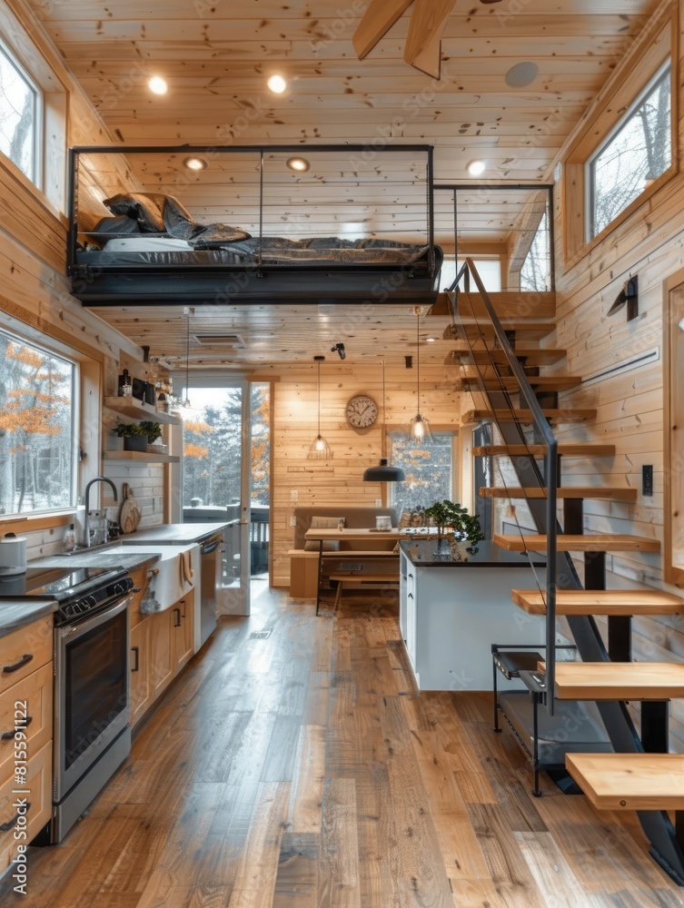 interior of modern wooden house, kitchen and dining room in attic interior of modern wooden house, kitchen and dining room in attic