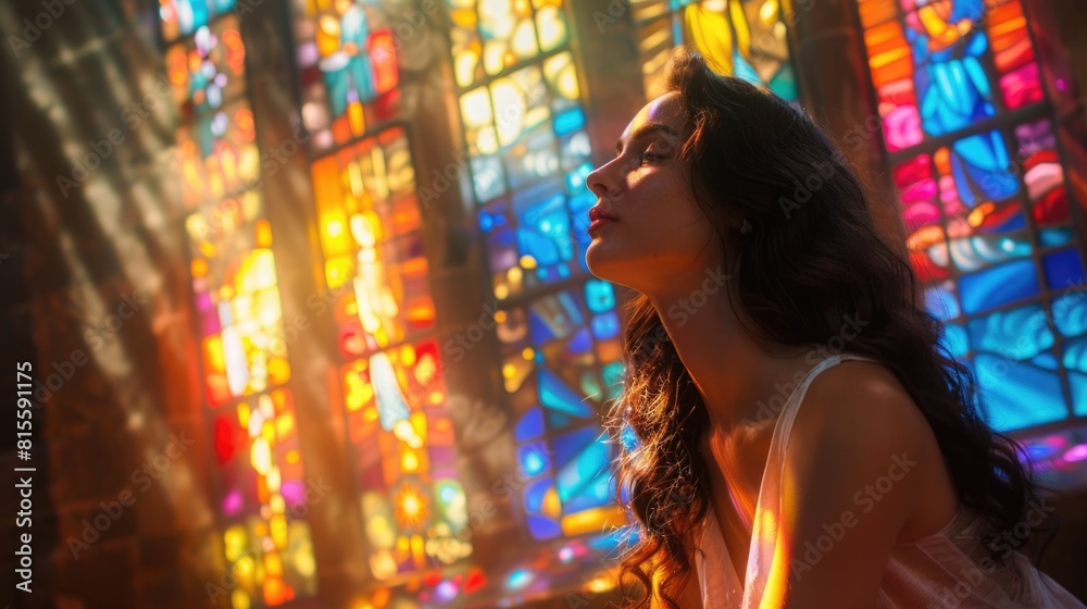 Woman sitting in front of stained glass window Woman sitting in front of stained glass window