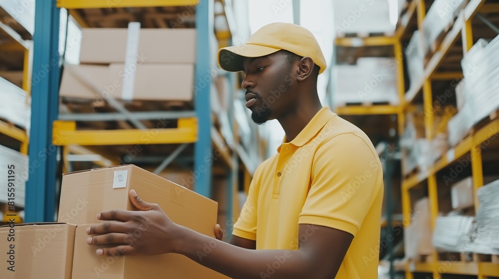 A man in a yellow shirt and hat carries a cardboard box in a warehouse. Warehouse with shelves full of boxes on shelves, a logistics center A man in a yellow shirt and hat carries a cardboard box in a warehouse. Warehouse with shelves full of boxes on shelves, a logistics center