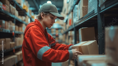 A male warehouse worker in a red jacket and gray baseball cap sorts boxes with parcels in a warehouse. Warehouse with shelves full of boxes on shelves, a logistics center © Natalia S.