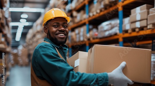A male warehouseman wearing a hard hat and holding a box smiles at the camera and sorts cardboard boxes of parcels. It's in a warehouse surrounded by shelves