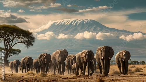 Herd of large African elephants walking in front of Mount Kilimanjaro in Amboseli Kenya Africa : Generative AI