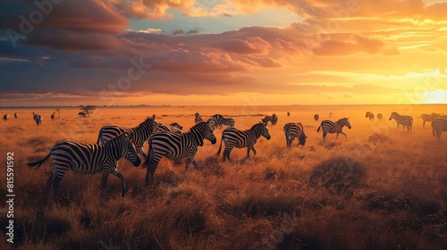 Group of zebras in the African savanna at sunset Serengeti National Park Tanzania Africa : Generative AI