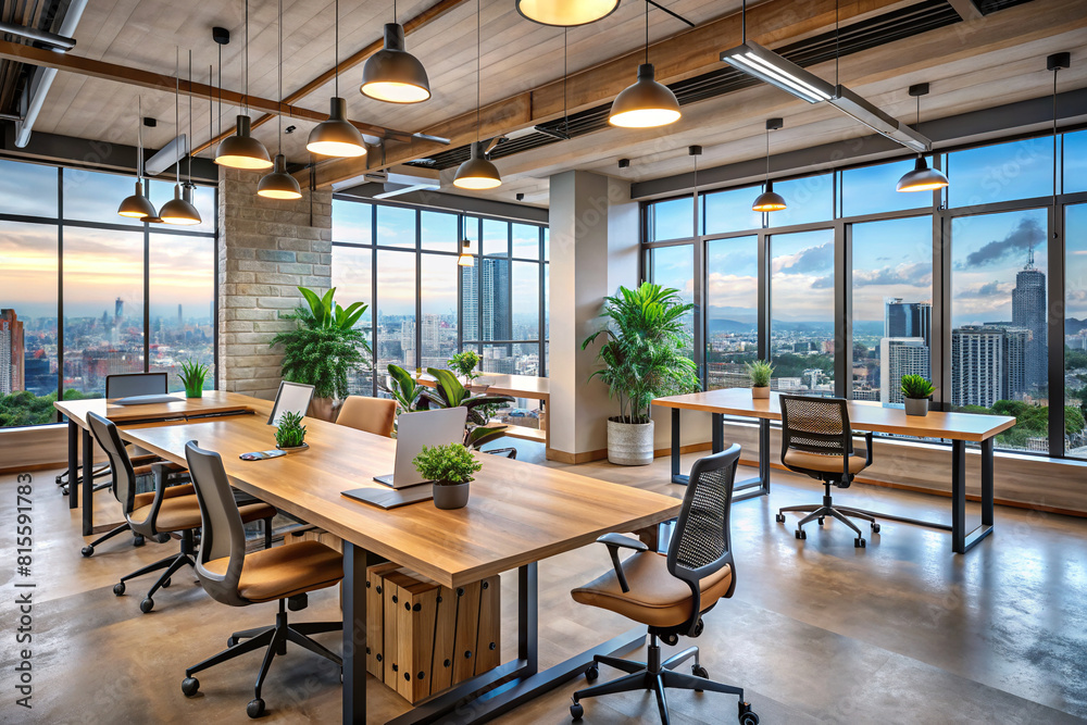 A contemporary coworking environment with warm wood finishes, cool concrete surfaces, and a panoramic window framing an urban cityscape.