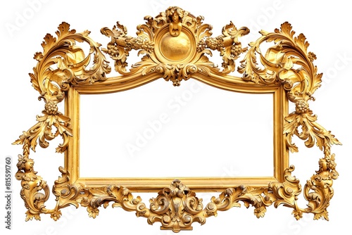 An ornate golden frame with intricate carvings and baroque details, isolated on white