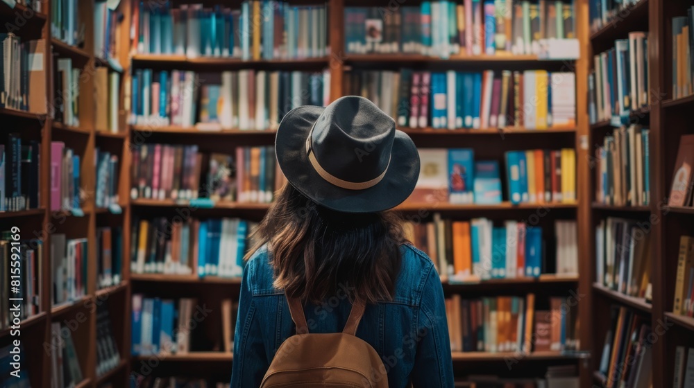 Back view of a young woman in a hat and a denim jacket in a library Back view of a young woman in a hat and a denim jacket in a library