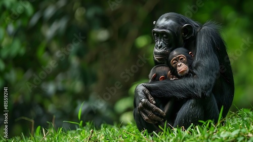 Female bonobo with a baby is sitting on the grass Democratic Republic of the Congo Africa : Generative AI photo