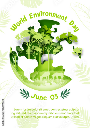 Poster illustration of World Environment's day in layers paper cut style with example texts and globe on green background.