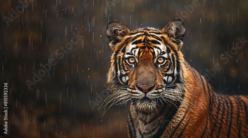Indian tiger male with first rain wild animal in the nature habitat Ranthambore India Big cat endangered animal End of dry season beginning monsoon : Generative AI