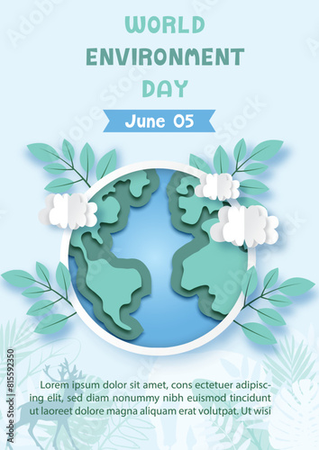 Poster campaign of world environment day with earth and levees, clouds in origami paper cut style and vector illustration design