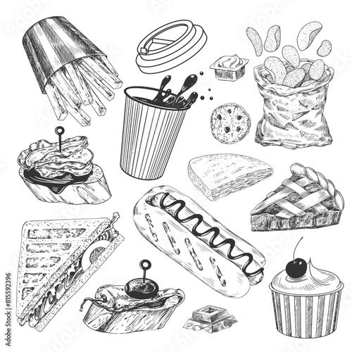 Set of fast food. Sketch style french fries, hot dog, glass of coffee, ice cream, sandwich, bag of chips, khachapuri, apple pie. Hand drawn collection of street food isolated in white background