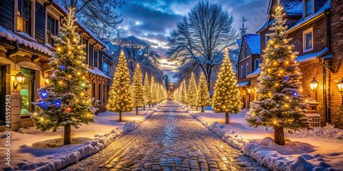 A cobblestone street lined with luminous Christmas trees, creating a whimsical pathway through the wintry night 