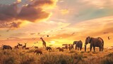 Dreamy scene of common South African safari wildlife animals together at sunset : Generative AI