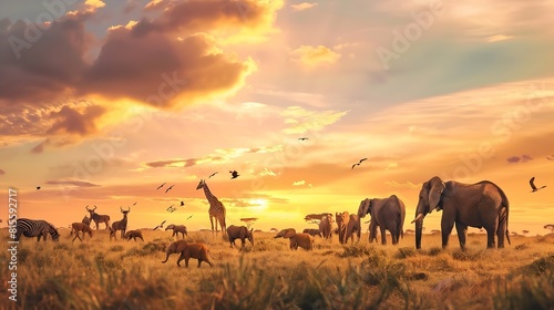 Dreamy scene of common South African safari wildlife animals together at sunset : Generative AI photo