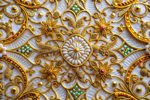 A close-up view of delicate white and gold patterns intertwined with colorful fragments, presenting a unique and captivating artistic design.