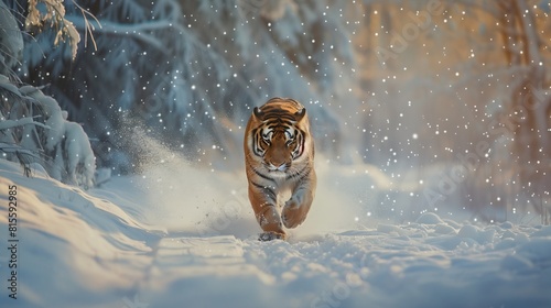 Tiger in wild winter nature running in the snow Action wildlife scene with dangerous animal Cold winter in taiga Russia Snowflakes with beautiful Siberian tiger Panthera tigris altaica : Generative AI photo
