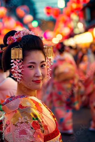 A graceful yougng woman in a traitional kimono on street at the festival celebration