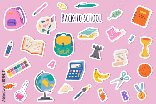 Back to school stickers. Set of school supplies and education stickers. Globe, student's backpack, sports equipment, paints, books, pen, pencil. Suitable for prints, scrapbooking, cards, paper crafts.