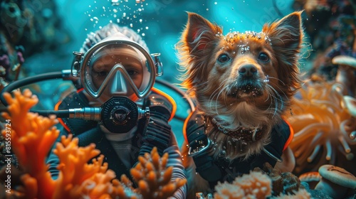 A man and his dog are scuba diving together in the ocean. photo