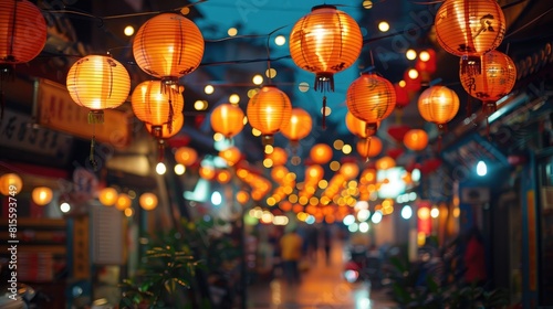 A night view of a street in Pingxi District, New Taipei City, Taiwan decorated with red paper lanterns. photo