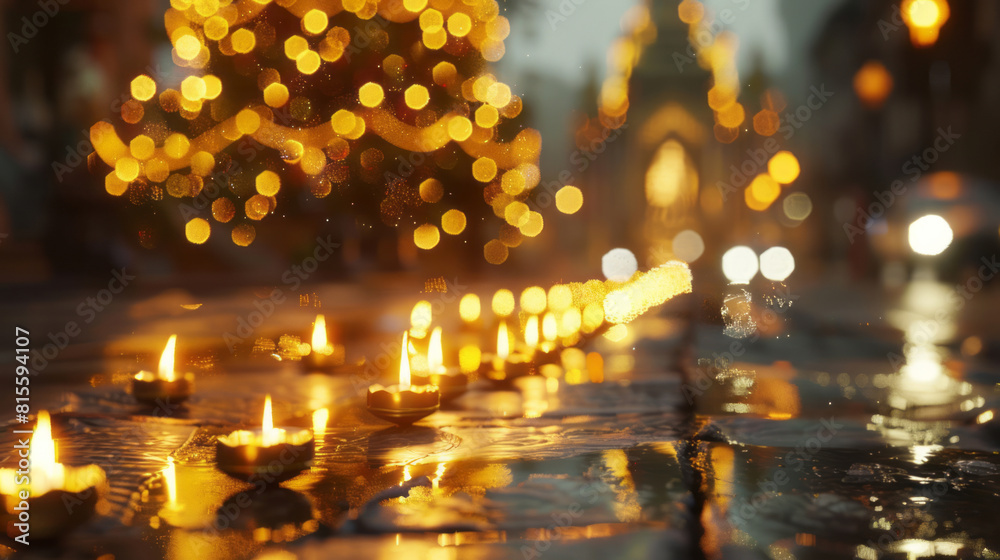 Candles line a street in front of a golden Christmas tree, characterized by Hindu art and architecture, tilt-shift lenses, and reimagined religious art.