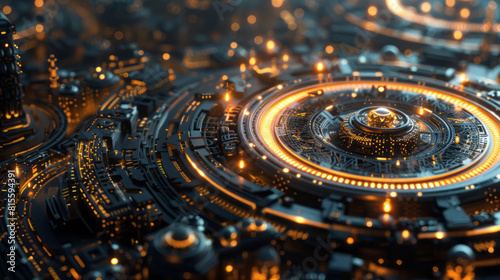 Wallpaper Mural A 3d backdrop presents a circular electronic circuit, complemented by atmospheric urban landscapes, dark gold and azure hues, and advanced devices. Torontodigital.ca