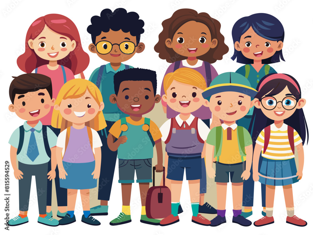 Smiling school children with backpacks and books isolated vector white background illustration. Cute children of various nationalities. Smiling school children with backpacks and books isolated vector white background illustration. Cute children of various nationalities.