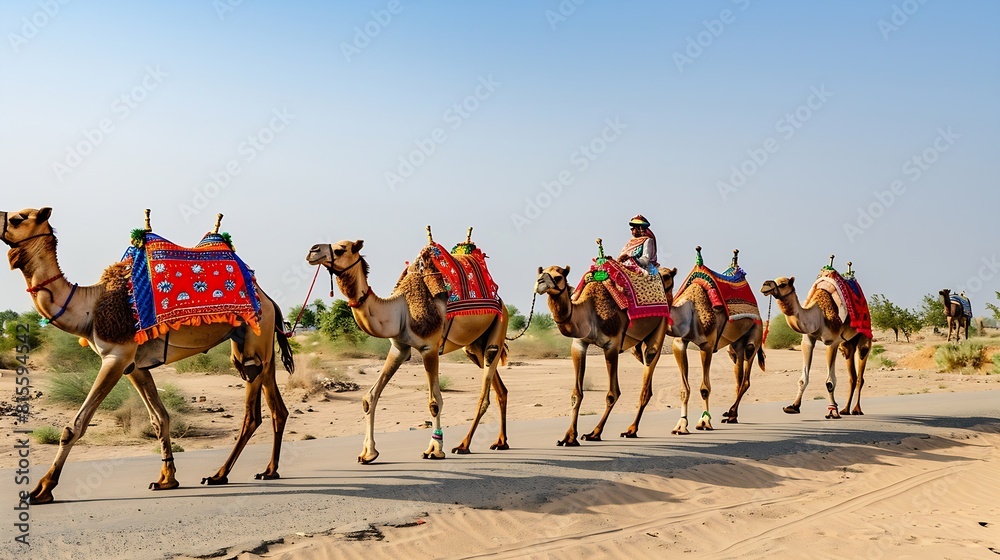 Camels with traditional dresses waiting beside road for tourists for ...