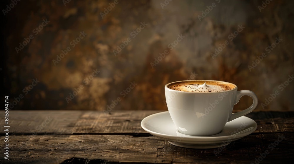 Cappuccino served on a wooden table with a dark background in a vintage style setting Cappuccino served on a wooden table with a dark background in a vintage style setting