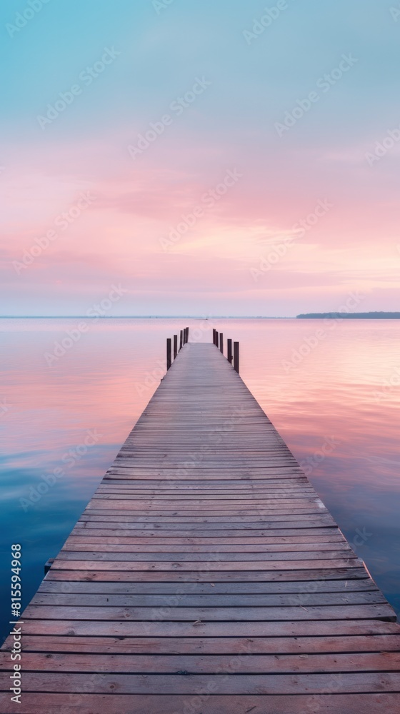 A serene wooden pier extending into a tranquil lake, under a pastel sunset sky, creating a tranquil atmosphere.copy space