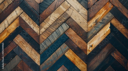 A chevron tile background and wooden floor pattern, characterized by symmetrical asymmetry and timber frame construction.