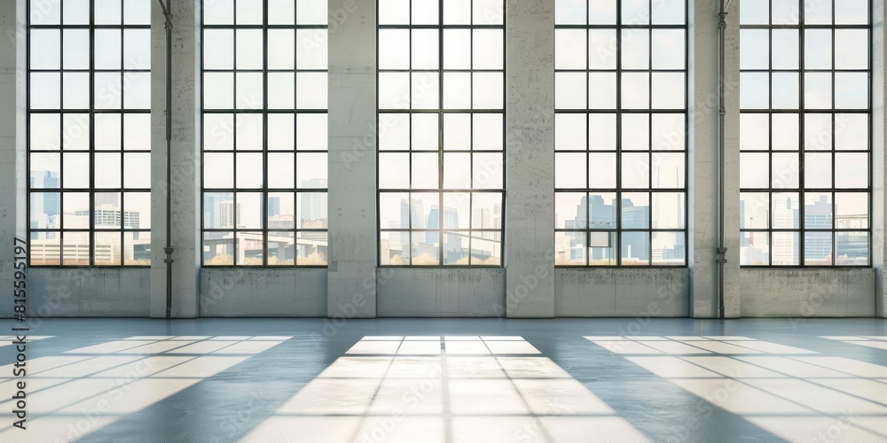 An empty room with large windows and black metal, styled with industrial elements and light white hues. An empty room with large windows and black metal, styled with industrial elements and light white hues.