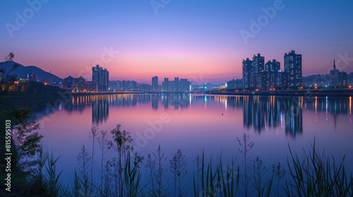 Cityscape reflected in calm water at sunset