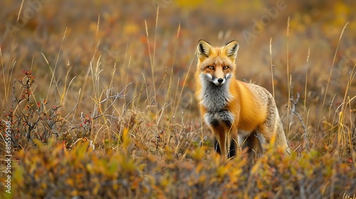 Red fox Vulpes vulpes in autumn tundra portrait Dempster Highway Yukon Territory Canada North America : Generative AI photo