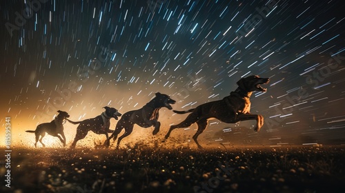 Four dogs are running in a field at night. The sky is full of stars. The dogs are all different breeds and colors. They are all running fast and look happy.