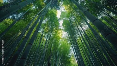 Looking up at the lush green canopy of a bamboo forest