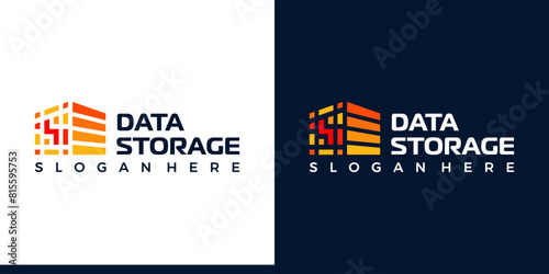 Technology digital data logo design with storage building design graphic symbol icon vector.