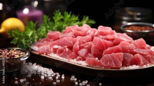 Fresh tuna sashimi slices garnished with mint on a bed of Himalayan salt, served under dim lighting for a sophisticated indulgence.