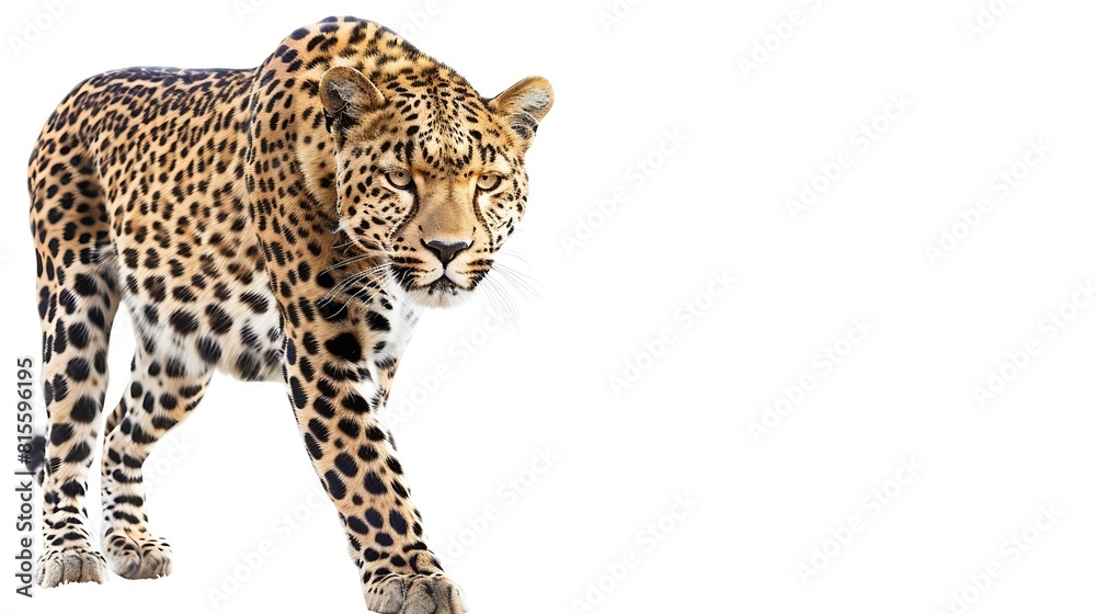Obraz premium spotted hunter creature big cat endangered species panthera pardus animal themes isolated on white safari animal indoors one animal remastered white background wild predator nature : Generative AI