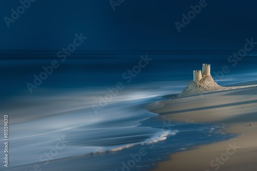 Château de sable solitaire sous un ciel nocturne mystérieux photo