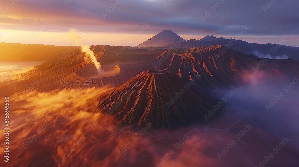 The active volcano emits smoke and ash against the backdrop of the rising sun.