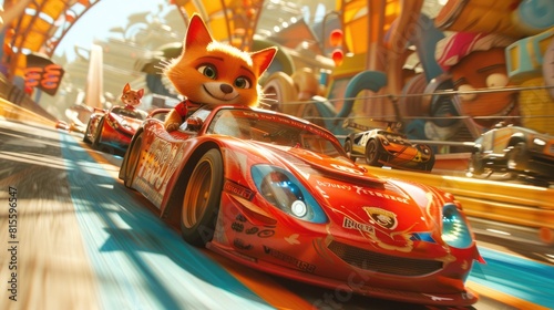 Super racing squirrel in the red sport car on the race track.