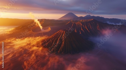 The active volcano emits smoke and ash against the backdrop of the rising sun.